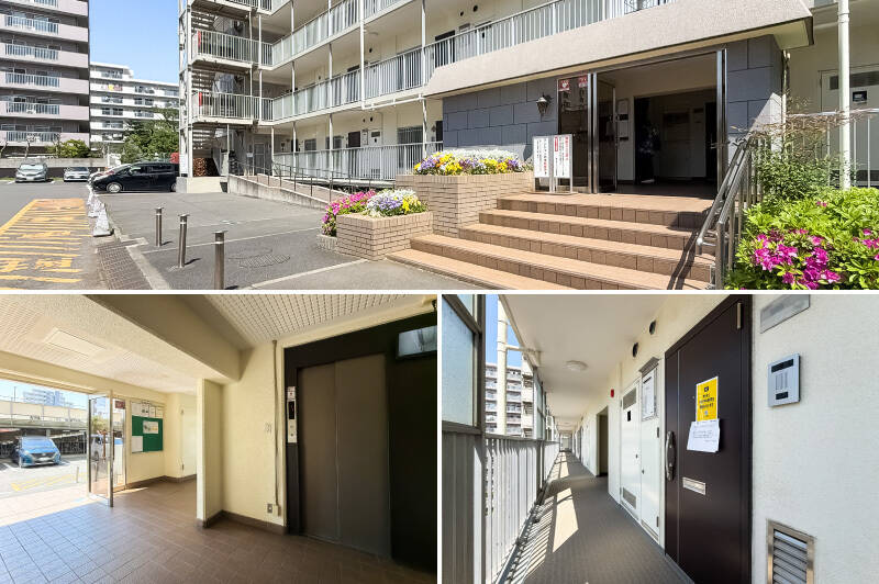 <b>上・</b>ご紹介する住戸にはこちらのサブエントランスからアクセスします。きちんと手入れされた花壇が美しいですね。平置き駐車場は2026年3月現在空きなし、駐輪場は空きありで、大人用は年額3,000円、子ども用は年額1,500円で利用可能です。／<b>左下・</b>サブエントランスはエレベーターホールのみのシンプルな構造。防犯カメラが設置されていて安心です。／<b>右下・</b>6階で降り、住戸に到着。玄関ドアはダブルロック式です。