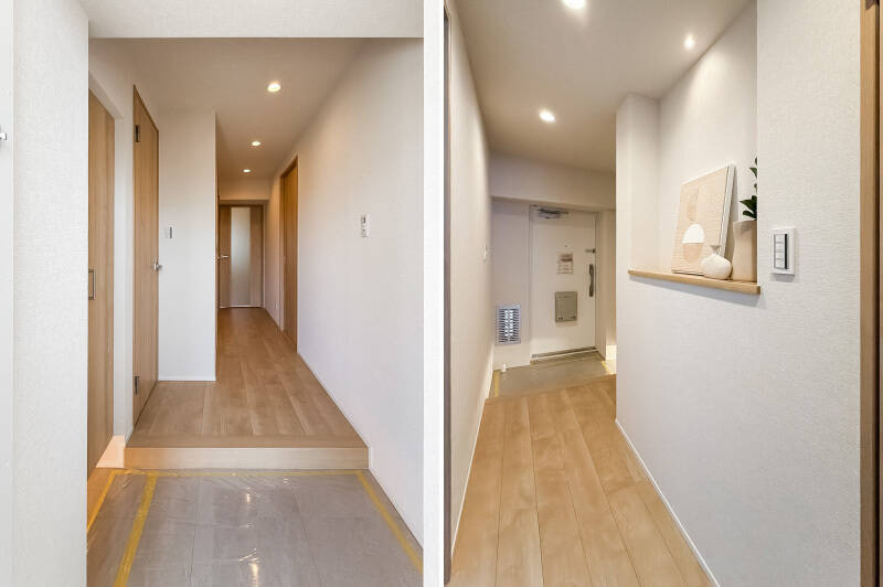 木とベージュで構成されたやわらかな空間。廊下沿いにはアートや写真を飾るのにぴったりなカウンターが設けられています。