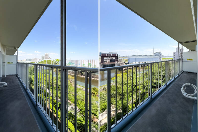 バルコニーは幅がゆったり。左手に視線をやると、冒頭にご紹介したビューが広がります。「平成橋」の先に、最寄りの「東大島」駅まで見渡せますよ。