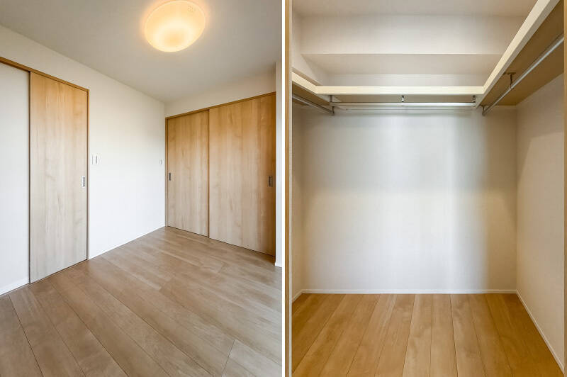 こちらの洋室にはウォークインクローゼット（WIC）を完備。3面にハンガーパイプがあり大容量です。