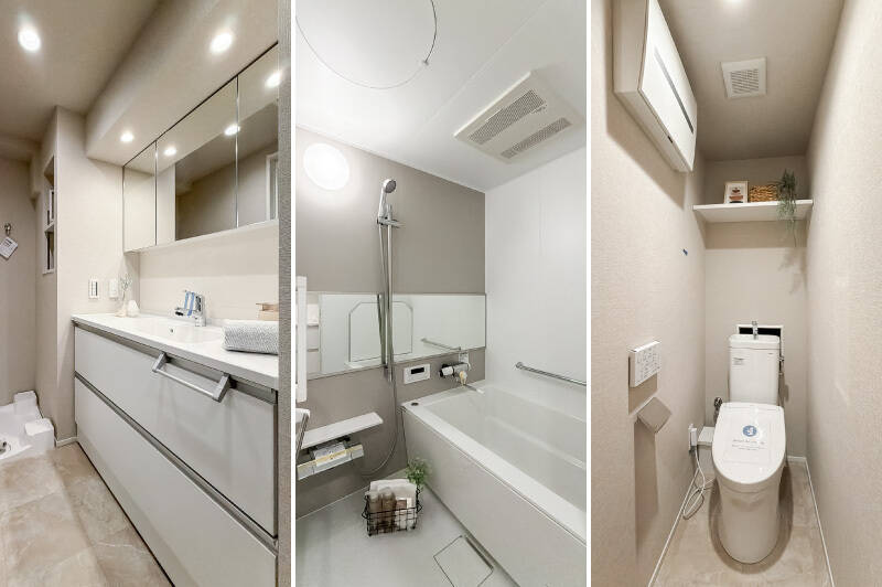 <b>左・</b>洗面台は奥行きが浅いながらワイドなサイズ感。同室に洗濯機置き場もまとまっています。／<b>中央・</b>1317サイズのユニットバス。浴室乾燥や暖房機能が備わっています。／<b>右・</b>玄関上がって左手にあるトイレ。