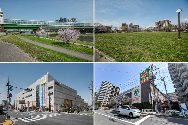 <b>左上・</b>最寄りは都営新宿線の「東大島」駅。メインエントランスがある番所橋通り沿いを歩くと徒歩10分、平成橋を渡って「大島小松川公園」を通る気持ちのいいルートだと徒歩12分で到着です。／<b>右上・</b>同じく「大島小松川公園」の「わんさか広場」。お子さまが思い切りかけっこできそうです。（徒歩6分）／<b>左下・</b>駅の北側には「ダイエー 東大島店」。ドラッグストアや100円ショップ、スポーツクラブやクリニックなど、ファミリーにとって心強い店舗が集っています。（徒歩11分）／<b>右下・</b>駅前まで行かずとも、徒歩3分の距離に「ライフ 東砂店」があるのはとても便利。