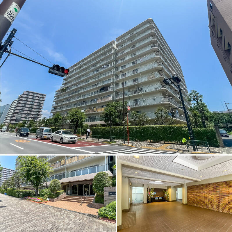 <p><b>上・</b>川の裏側、番所橋通りからパシャリ。マンションはコの字型に建っています。／<b>左下・</b>メインエントランスは通り沿いに。植栽に囲まれていて何とも清々しいですね！／<b>右下・</b>共用ロビー。こちらに集合ポストが設置されています。写真の3枚はいずれも2025年7月頃撮影したもの。エントランスに飾られた笹と短冊がコミュニティの良好さを物語っているようです◎</p>