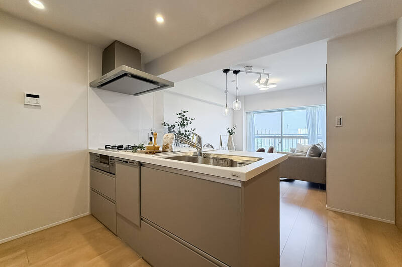 ペニンシュラキッチンはコンパクトながら食洗機、3口ガスコンロ、グリルを完備。