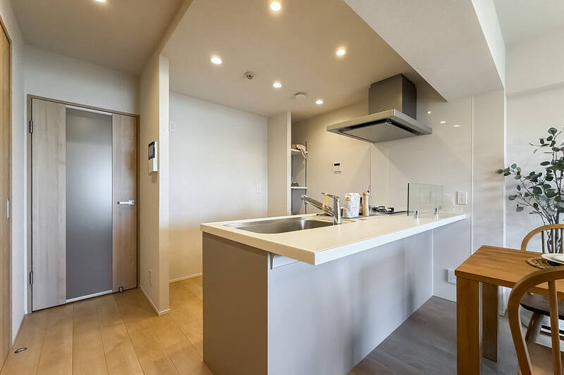 背面にはカップボードが置けそうなスペースと可動棚が。天板がせり出たカウンタータイプなので、材料を並べるのも、お料理をサーブするのも楽々です。