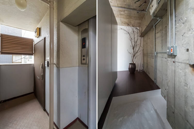 <b>左・</b>ご紹介するのはマンションの3階にある角住戸。エレベーターのすぐ隣にダブルロックの玄関扉があります。／<b>右・</b>コンクリート躯体現しの壁・天井に、剥き出しの鉄管がカッコいい。玄関から、ぐっと世界に引き込まれます！ ちなみに左手に写っている白い面は、壁ではなく可動式の収納です。