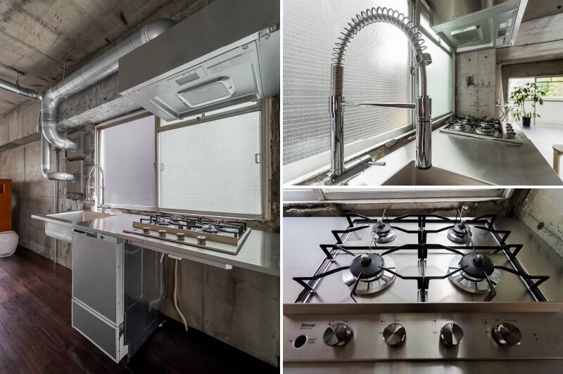 <p><b>左・</b>南東向きの窓辺に設えられた、食洗機完備の男前なステンレスキッチン。壁のダクトも含めて絵になりますね！／<b>右上・</b>思わずアップで撮りたくなる、イケメンな水栓。／<b>右下・</b>コンロは4口で、海外風の全面五徳タイプのものが採用されています。意外と（？）自炊派にもうれしい仕様です。</p>
