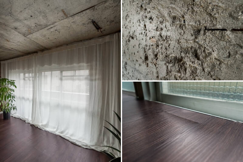 <b>左・</b>LDKや寝室のカーテンは天井付け。窓まわりがすっきりとして、空間を広く見せてくれるポイントです。／<b>右上・</b>リビングの壁面は特にラフな風合いが強く、微妙な陰影を生みます。そのものが部屋のアクセントになる、主役級の躯体現しです。／<b>右下・</b>床材はは、シートフローリングが採用されています。