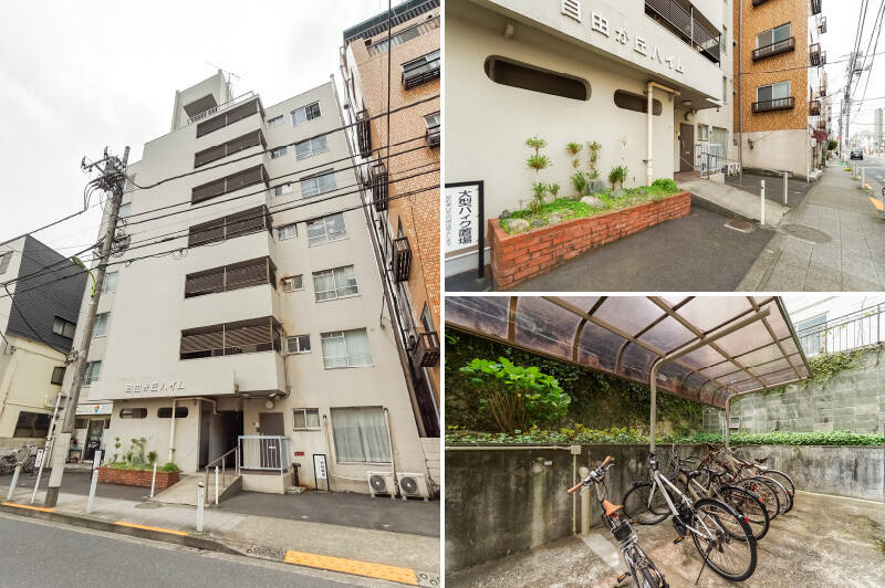 <b>左・</b>マンションは1972年築で、総戸数は21戸。1階にはケアサービスのテナントが入居しています。／<b>右上・</b>通り沿いにエントランスがあり、壁の後ろにすぐエレベーターが。共用ホールや管理人室を持たないシンプルな造りです。／<b>右下・</b>住戸から見下ろす位置にあたる、駐輪場。自転車置き場は月額300円、バイク置き場は月額600円で利用できます。