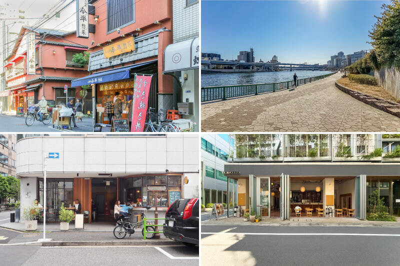 <b>左上・</b>“日本橋エリア” は百貨店や老舗が集まる、いわば江戸文化が色濃い街。「人形町 今半」などの名店から美味しい香りが漂ってきます。（徒歩12分）／<b>右上・</b>隅田川沿いは遊歩道として整備され、ジョギングや犬の散歩にぴったり。（徒歩15分）／<b>左下・</b>カルチャーの火付け役となったホステル「CITAN（シタン）」。世界中からゲストを受け入れ、カフェ、バー、ダイニングは街の人にも開かれています。（徒歩6分）／<b>右下・</b>北欧のクラフトビールとメキシコ料理を楽しめる「ØL La Cabina（オル ラ カビーナ） KODENMACHO」。渋谷に次ぐ2店舗目として展開したのがここ小伝馬町です。（徒歩4分）。