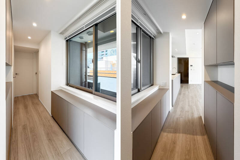 奥行きは浅いですが、扉付きの収納がこれだけ用意されているのはうれしい限り。バルコニーに面した窓も配置されています。