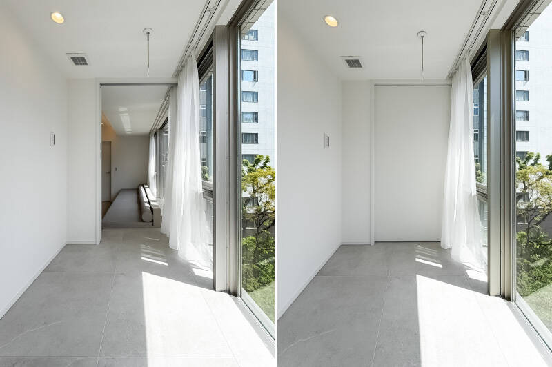 造作ソファとの間は引き戸で仕切ることが可能。これにはゲストもきっと驚くはずです。