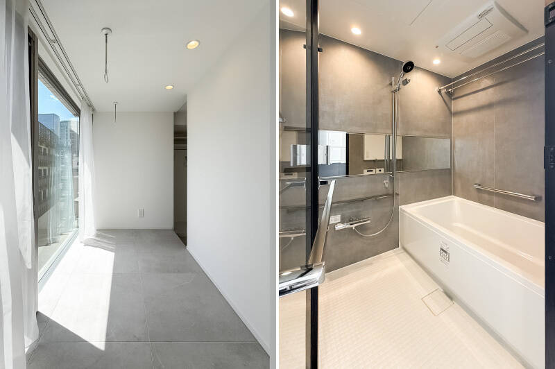 <b>左・</b>天井から下がる輪にポールを通せば物干しの完成。日当たりがいいので洗濯物がカラッと乾きそうです。／<b>右・</b>1418サイズのゆったりとしたユニットバス。うれしいことに、ミストサウナ機能が付いています。