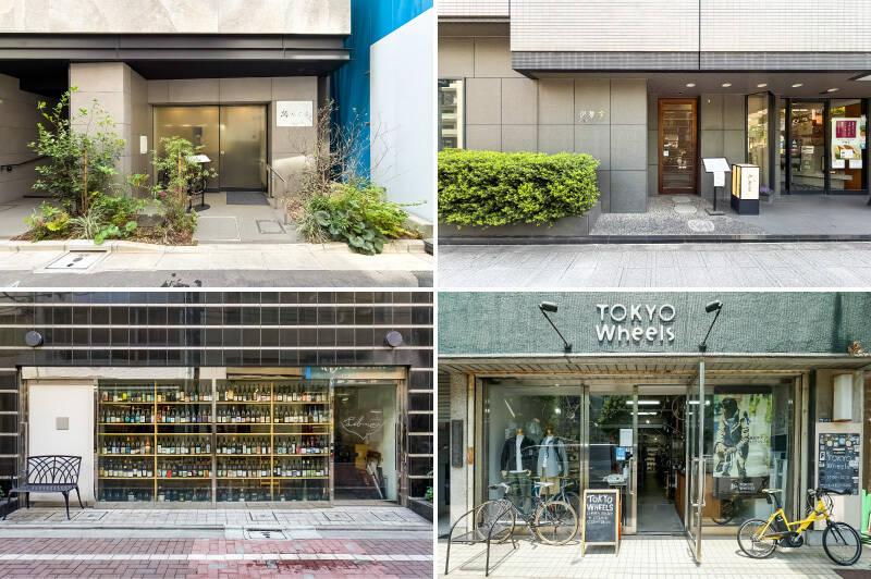 <b>左上・</b>路地裏にひっそりと店を構える「鮨 ひぐち」。コースのほか、ランチはバラちらしなどもいただけます。（徒歩3分）／<b>右上・</b>和牛すき焼き「伊勢重 日本橋」は隣にお弁当や佃煮、ローストビーフを販売する店舗を併設しています。（徒歩5分）／<b>左下・</b>ナチュールワイン好きな方にオススメしたいのが「Libre（リーヴル）」。カウンター7席のみで、常時15種ほどのグラスを揃えています。（徒歩7分）／<b>右下・</b>こちらは移転前の店舗ですが、同じく馬喰町で営業している大人のサイクリストのためのセレクトショップ「TOKYO WHEELS（トウキョウウィールズ） Tokyo」。電車移動も便利ですが、このエリアに住むなら自転車1台でスマートに移動したいですよね。（徒歩12分）