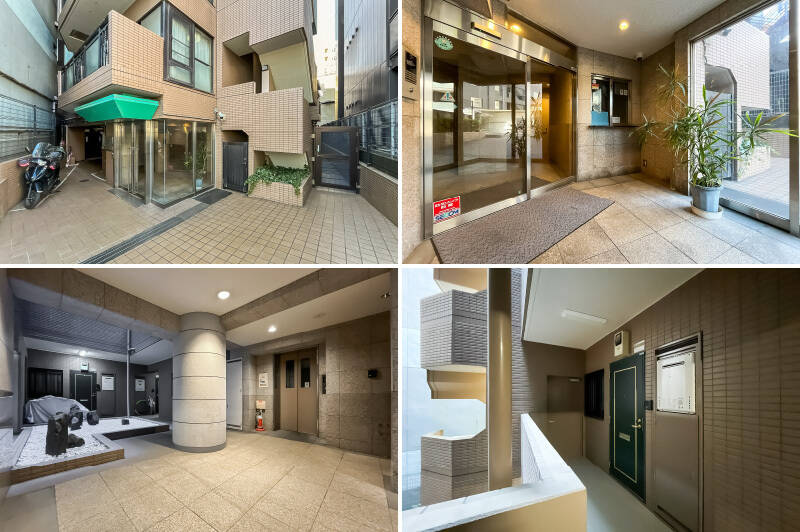 <p><b>左上・</b>メイン道路からやや奥まったエントランスアプローチ。／<b>右上・</b>エントランスには窓口が。こちらのマンションでは管理人さんは不在で、清掃員さんのみ勤務されている体制です。／<b>左下・</b>重厚感ある共用ロビー。<b>／右下・</b>ご紹介した住戸は2階に所在する角部屋です。</p>