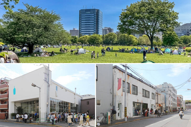 <b>上・</b>こんな自然だって享受できます。ドッグランやBBQ広場まである「木場公園」までは、マンションから徒歩5分。／<b>左下・</b>日本にサードウェーブコーヒーブームをもたらしたきっかけとも言われる「BLUE BOTTLE COFFEE」も近くに。（徒歩5分）／<b>右下・</b>こちらは築60年のアパート兼倉庫を改修した「fukadaso（フカダソウ）」。カフェや雑貨店など、さまざまなショップが入居しています。（徒歩5分）