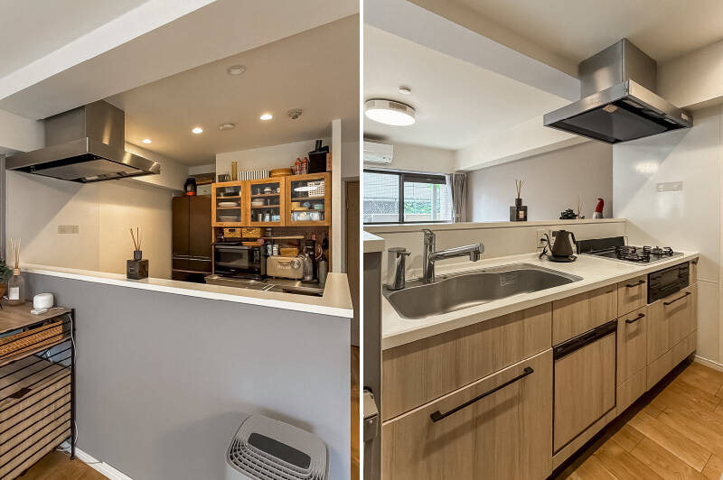 キッチンは腰壁で手元が隠れる設計。グリル付きの3口コンロと食洗機が備わっています。