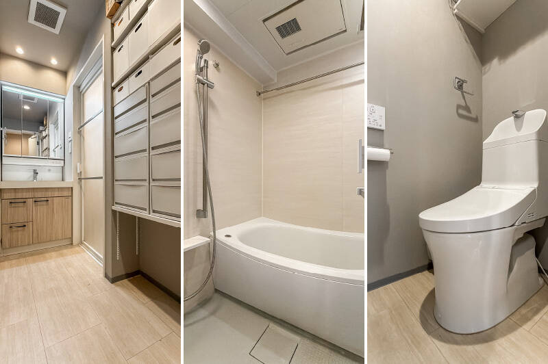 <b>左・</b>可動棚収納が用意された洗面室。売主さまのようにケースやバスケットを利用しながら、すっきりと使いたいですね。／<b>中央・</b>バスルームはシンプルなデザイン。1216サイズです。／<b>右・</b>トイレはグレーのクロスで落ち着いた雰囲気です。