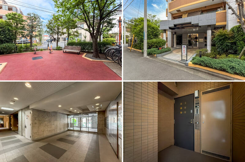<b>左上・</b>敷地内には遊具やベンチを併設したプレイロットも。／<b>右上・</b>手入れされた植栽に囲まれたエントランスアプローチ。／<b>左下・</b>共用ロビーは清掃が行き届いており、きれいな印象です。／<b>右下・</b>ご紹介する住戸の玄関扉。