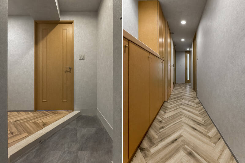 玄関扉を開けると、温かみのある空間が広がります。廊下の左手には収納を兼ねた大型シューズボックスが備わっており、散らかりがちな玄関まわりをきれいに保ちやすそうなデザインです。