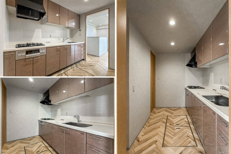 キッチンはリビングダイニングからやや奥まった場所に配置。作業スペースにゆとりがあり、本体収納も豊富に用意されています。さらには床下収納も完備しており、かさばる備蓄品などの収納スペースにも困らなそう。