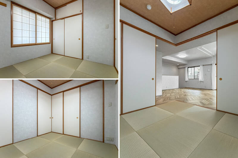 和室の広さは約4.5帖。障子や襖（ふすま）といった古きよき「和」のデザインをベースとしながら、床にはモダンな琉球畳をあしらい、凛とした空気の漂う空間に。ゲストを招く応接間や “ごろ寝” スペースとして、多目的に活躍してくれそうですね。