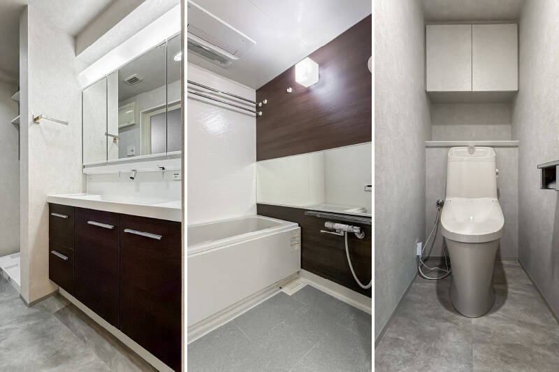 <b>左・</b>洗面台は幅1000mmのワイドなタイプを新設。鏡裏の収納も充実しており、家族全員の身支度アイテムをすっきりと収めることができそうです。／<b>中央・</b>ユニットバスは、パネル張り・水栓や鏡の交換などを実施しています。／<b>右・</b>トイレは廊下からアクセスする間取り。吊り戸棚とニッチ収納付きです。