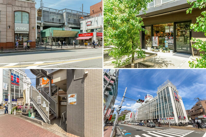 <b>左上・</b>最寄り駅はJR南武線「武蔵新城」徒歩8分。駅のまわりには複数の商店街があり、スーパーやレストランが充実しています。／<b>右上・</b>コワーキングスペースを併設したカフェ「新城テラス」。気分を変えて作業に集中したい日に。（徒歩9分）／<b>左下・</b>タルトとスペシャルティコーヒーが自慢のカフェ「TALUTO DOT COFFEE（タルトドットコーヒー）」。新鮮なフルーツや濃厚なクリーム、香ばしいナッツなどの厳選した素材にこだわっており、家族でのおやつタイムにぴったりです。（徒歩8分）／<b>右下・</b>「トライアル西友 武蔵新城店」は、食料品から日用品まで揃う大型スーパー。24時間営業・年中無休の心強い存在です。（徒歩9分）