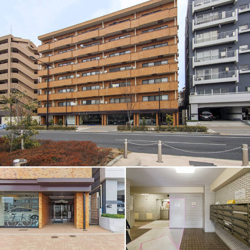 <p><b>上・</b>2026年4月の撮影時は大規模修繕工事の真っ最中。外観は覆われているため、過去の写真をご参考ください。（2018年撮影）／<b>左下・</b>1階にはカーショップのギャラリーが入り、その隣にエントランスがあります。（2018年撮影）／<b>右下・</b>こちらは2026年4月現在の様子。エントランスホールの奥には管理事務室があり、管理人さんからにこやかにご挨拶いただきました！</p>