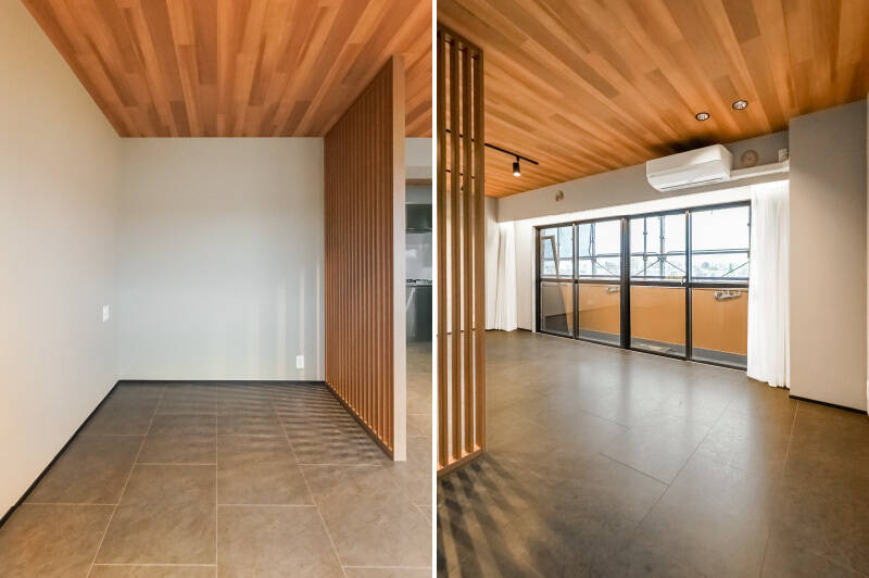 格子でゆるやかにゾーニングされたベッドスペース。ふたり用ベッドでぴったりと収まるサイズ感です。