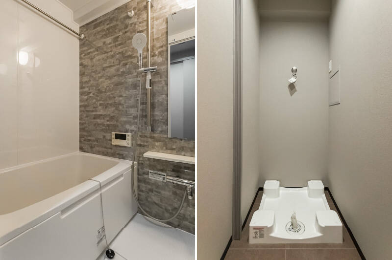 <b>左・</b>1115サイズのバスルームは、浴室乾燥機付き。／<b>右・</b>バスルームの手前には、引き戸で仕切れる脱衣所と洗濯機置き場があります。