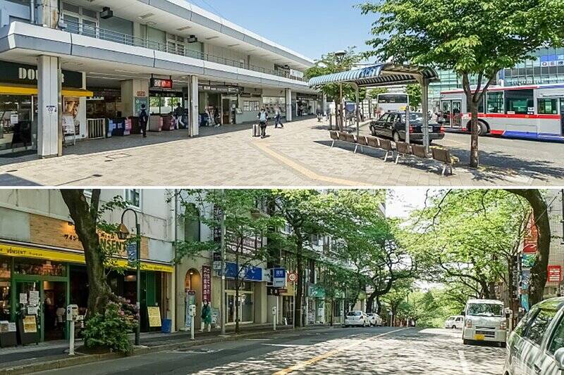 <b>上・</b>最寄りは東急田園都市線の急行停車駅「鷺沼」。二子玉川までの乗車時間は約9分、渋谷までは約24分と、ほどよい距離感です。（徒歩7分）／<b>下・</b>マンションへの通り道にある、なんとも風流な名前の「春待坂」。由来はもちろん、ご覧の通りの見事な桜並木です。（徒歩2分）