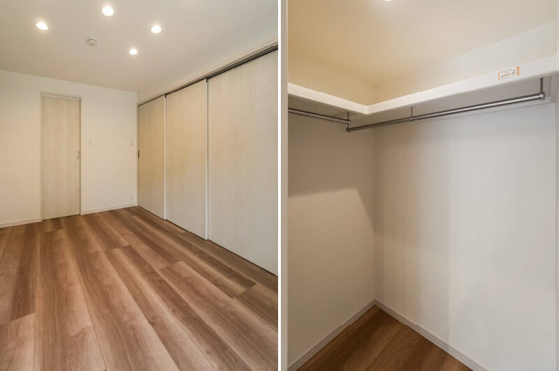 窓の反対側にある引き戸を開けると、中は奥行きの深いウォークインクローゼット（WIC）です。二面にハンガーパイプと収納棚が備わっていて、頼もしい収納容量ですよ。