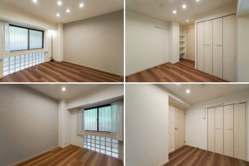 玄関のそばにある、北東向きの約6帖の洋室B（上）と、約4.6帖の洋室C（下）。共用廊下に面した曇りガラスの腰高窓に加えて、ガラスブロックが外光を優しく室内に取り込んでくれます。もちろんクローゼットも備わっていますよ。