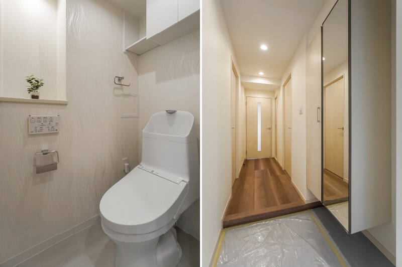 <b>左・</b>ホワイト系のクロスで仕上げられた品のいいトイレ。水まわりを通らず、廊下から直接アクセスできる間取りです。／<b>右・</b>最後に、玄関から廊下を見渡してパシャリ。ミラー付きの大きなシューズボックスが備わっているので、靴の収納場所に困ることはなさそうです。