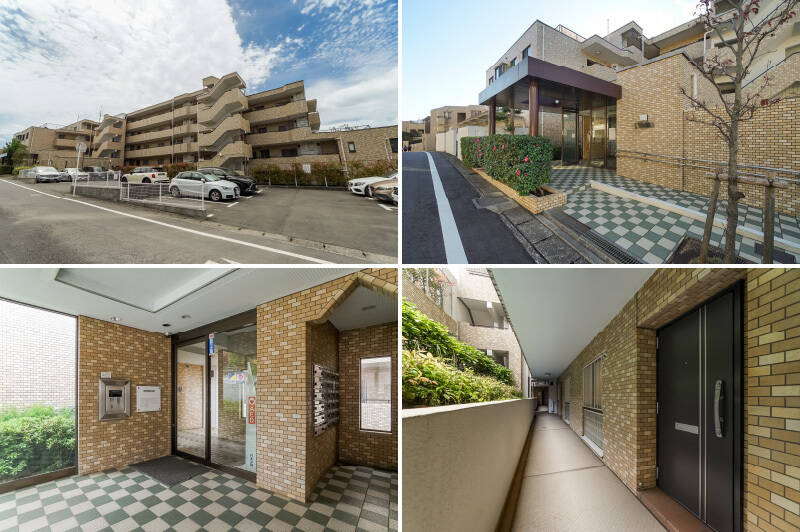 <b>左上・</b>1986年に清水建設によって竣工した総戸数46戸の建物です。新耐震基準に適合してるのは大きな安心材料ですね。／<b>右上・</b>スロープ付きアプローチ。傾斜地に建つマンションのため、このエントランスは3階に相当します。／<b>左下・</b>エントランスにはオートロックを完備。管理人さんは週5日のご勤務です。ゴミ捨て場も特筆すべきキレイさでした！／<b>右下・</b>1階の住戸へは、エレベーターで2フロア下りてアクセスします。共用廊下は実質地下階のようなひっそりした空気感です。