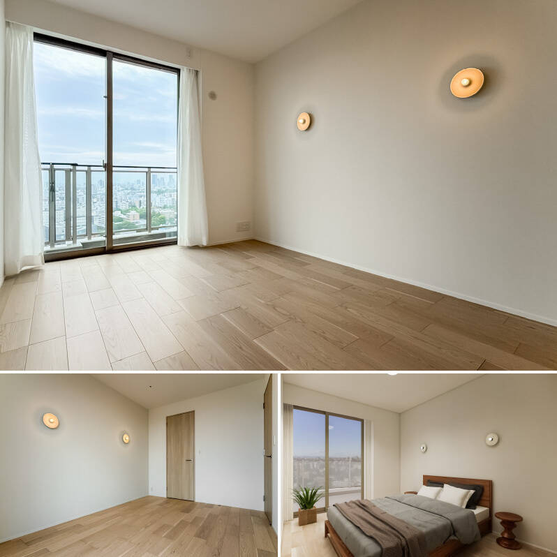 クイーンサイズのベッドを置いても、ゆとりがある広さの洋室A。ウォークインクローゼット（WIC）が備わっています。ブラケットライトもかわいらしい♪（右下・CGイメージ）