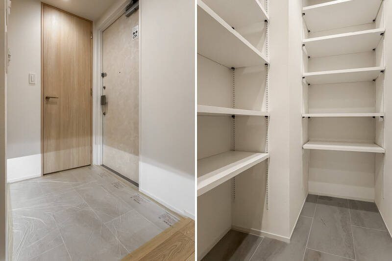 玄関正面にはシューズボックス、右手の扉にはシューズインクローゼット（SIC）を備えています。靴だけでなく、外で使う重い荷物もすぐここに収納できるのはうれしいポイントですね。
