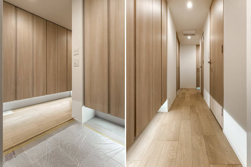 玄関から続く廊下には収納を設けました。両開き扉3枚分という頼もしいサイズ感で、日用品やストック類もすっきりと収まりそうです。