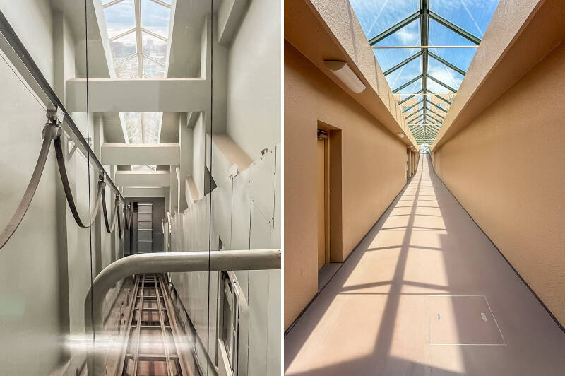 <b>左・</b>斜行エレベーターの内部より。三角屋根の窓から街並みがのぞき、ぐんぐん上っていく感覚に、ちょっとしたアトラクション気分。／<b>右・</b>エレベーターを降りた後、長い共用廊下を進みます。
