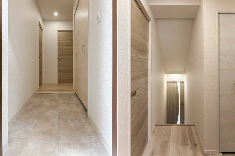 <b>左・</b>縦長の玄関。奥に進むと……／<b>右・</b>LDKへつながる扉の前に階段が。ガラス入りの扉から、光が廊下に届きます。