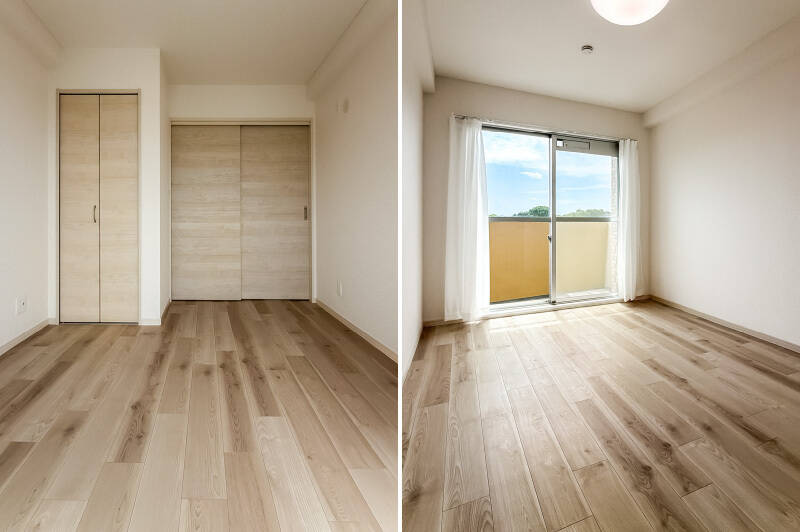 コンパクトな折れ戸収納付き。南東向きの窓の先にはバルコニーが。