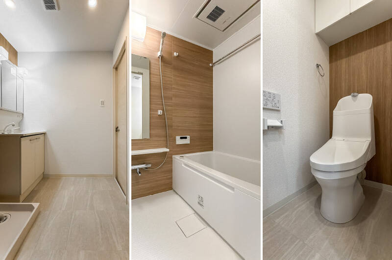 <b>左・</b>横幅がある洗面室。／<b>中央・</b>1216サイズのユニットバスは浴室乾燥機付き。／<b>右・</b>トイレは洗面室からアクセスします。