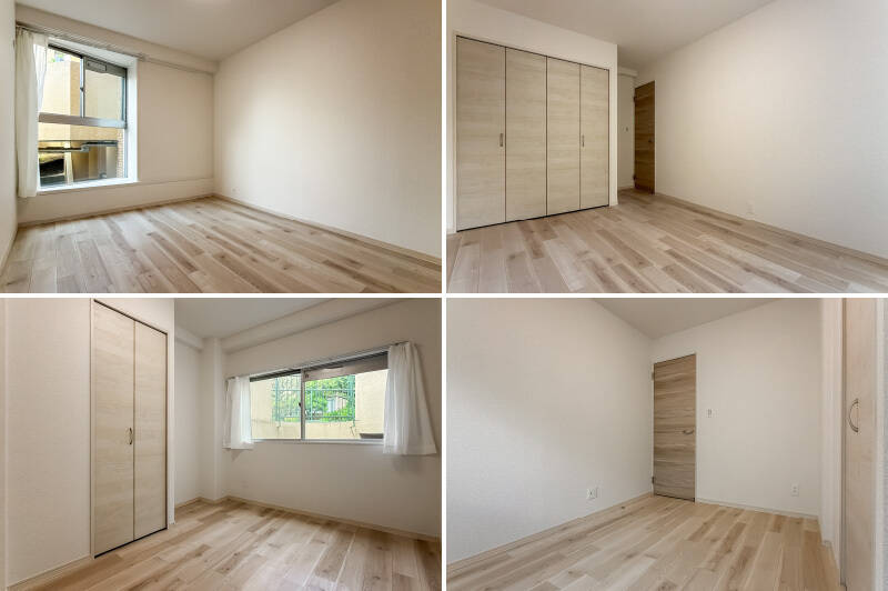 <b>上・</b>約6.5帖の洋室B。窓は北西向きですが、大きな開口のため、暗さはそれほど感じません。／<b>下・</b>約5.3帖の洋室C。コンパクトな折れ戸収納を備えています。