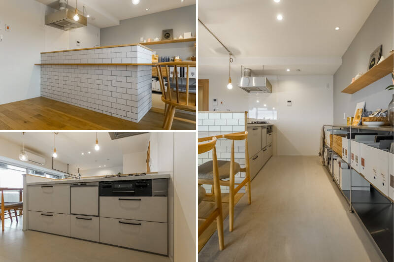 <p><b>左上・</b>オープンタイプのキッチン。腰壁が立ち上がっているので、リビングから生活感が見えにくい仕様です。 ／<b>左下・</b>キッチンは、食洗機と浄水器を完備。／<b>右・</b>背面にはキッチン収納を設置してもゆとりあるスペースを確保。壁面には飾り棚が備わっています。</p>