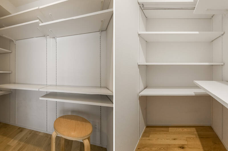 可動棚付きが設けられています。コンセントが備わっており、簡易的なワークスペースとしても使えそうです。