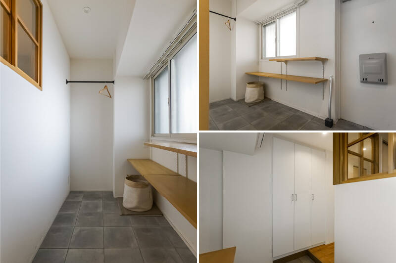 <b>左・</b>お子さまの遊具やアウトドアアイテムなど、サイズの大きい物を収納できるスペースを確保しています。奥にはハンガーパイプを設置。普段使いのアウターなどはこちらに収納して、身支度をスムーズに。／<b>右上・</b>壁面には可動棚を設けています。／<b>右下・</b>靴やスリッパはトールタイプのシューズボックスへ。