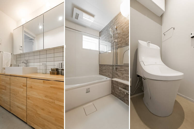 <b>左・</b>ワイドスパンの洗面台。ボウルを片側に寄せて、ふたり並んで朝の身支度ができる仕様に。／<b>中央・</b>1317サイズのユニットバス。／<b>右・</b>トイレは廊下からアクセスできます。