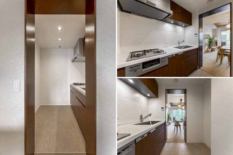 キッチンは、リビングダイニング（LD）から奥まった場所に配置。カウカモオリジナルのオーダーキッチンで、内装と統一感を持たせた家具のような佇まいに仕上げています。