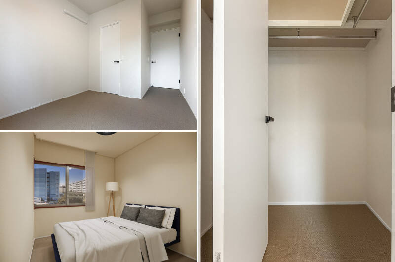大型のウォークインクローゼット（WIC）を設置しており、衣類だけでなく、季節家電なども収納できそうな頼もしいサイズ感。ダブルベッドを配置してもなお、余裕のある広さです。（左下・CGイメージ）